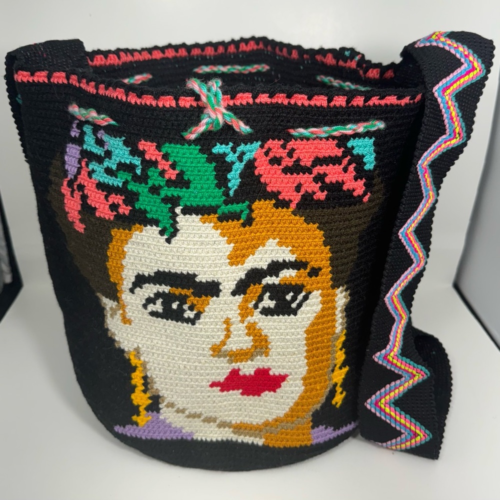 Frida Kahlo Tote Wayuu Shoulder Bag Black- Purple / HANDMADE